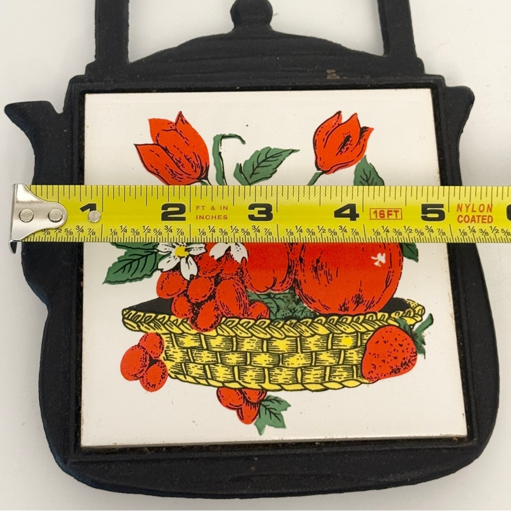 Vintage Apple Teapot Cast Iron Trivet, Hot Plate, Ceramic Tile, Fruit Basket - Picture 5 of 7